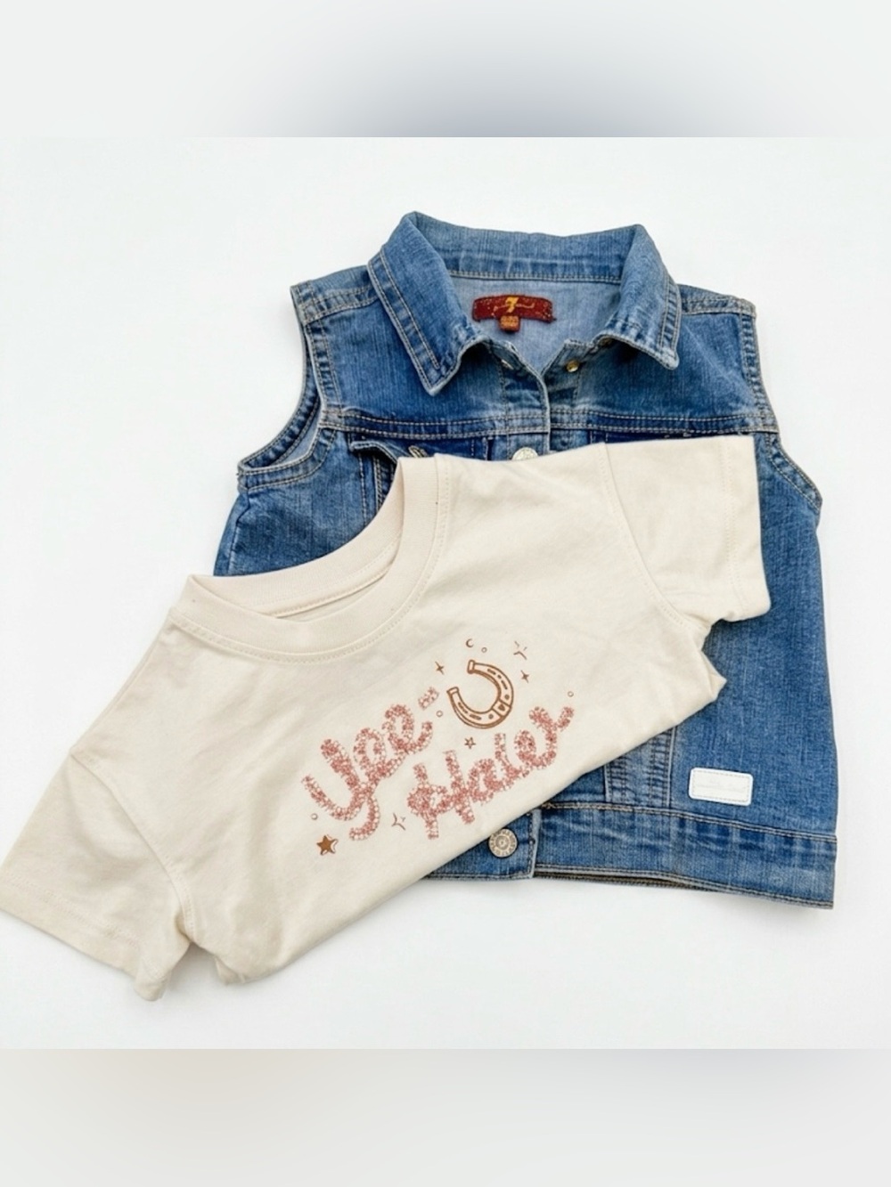 For All Mankind children's denim vest with a Cream 'Yee Haw' Graphic Tee